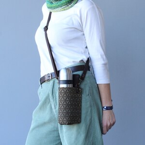 Olive Green Leather Bottle Holder With Flower of Life, Adjustable Crossbody Strap Flask Carrier Bag, Belt Bottle Sling