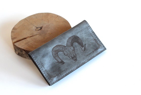 Grey Leather Tobacco Pouch With Goat Skull |ram Horn Personalized Rolling  Bag