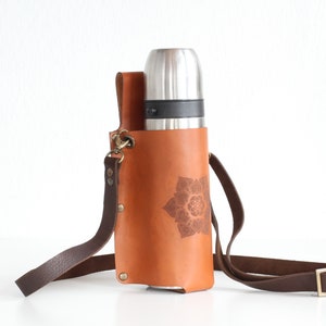 Mandala Leather Bottle Holder, Adjustable Crossbody Strap Flask Carrier Bag, Brown Belt Bottle Sling, Drink Caddy