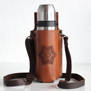 Mandala Leather Bottle Holder, Adjustable Crossbody Strap Flask Carrier Bag, Brown Belt Bottle Sling, Drink Caddy