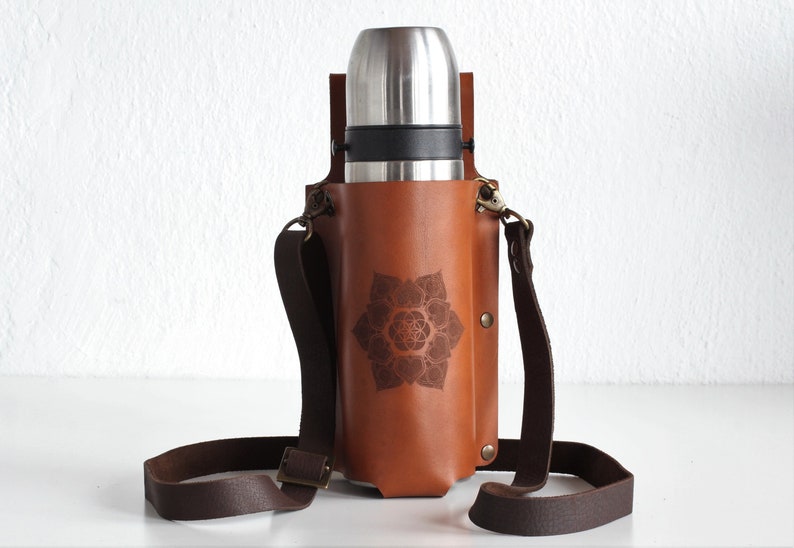 Mandala Leather Bottle Holder, Adjustable Crossbody Strap Flask Carrier Bag, Brown Belt Bottle Sling, Drink Caddy