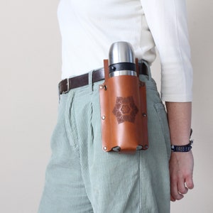 Mandala Leather Bottle Holder, Adjustable Crossbody Strap Flask Carrier Bag, Brown Belt Bottle Sling, Drink Caddy