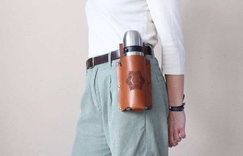 Mandala Leather Bottle Holder, Adjustable Crossbody Strap Flask Carrier Bag, Brown Belt Bottle Sling, Drink Caddy