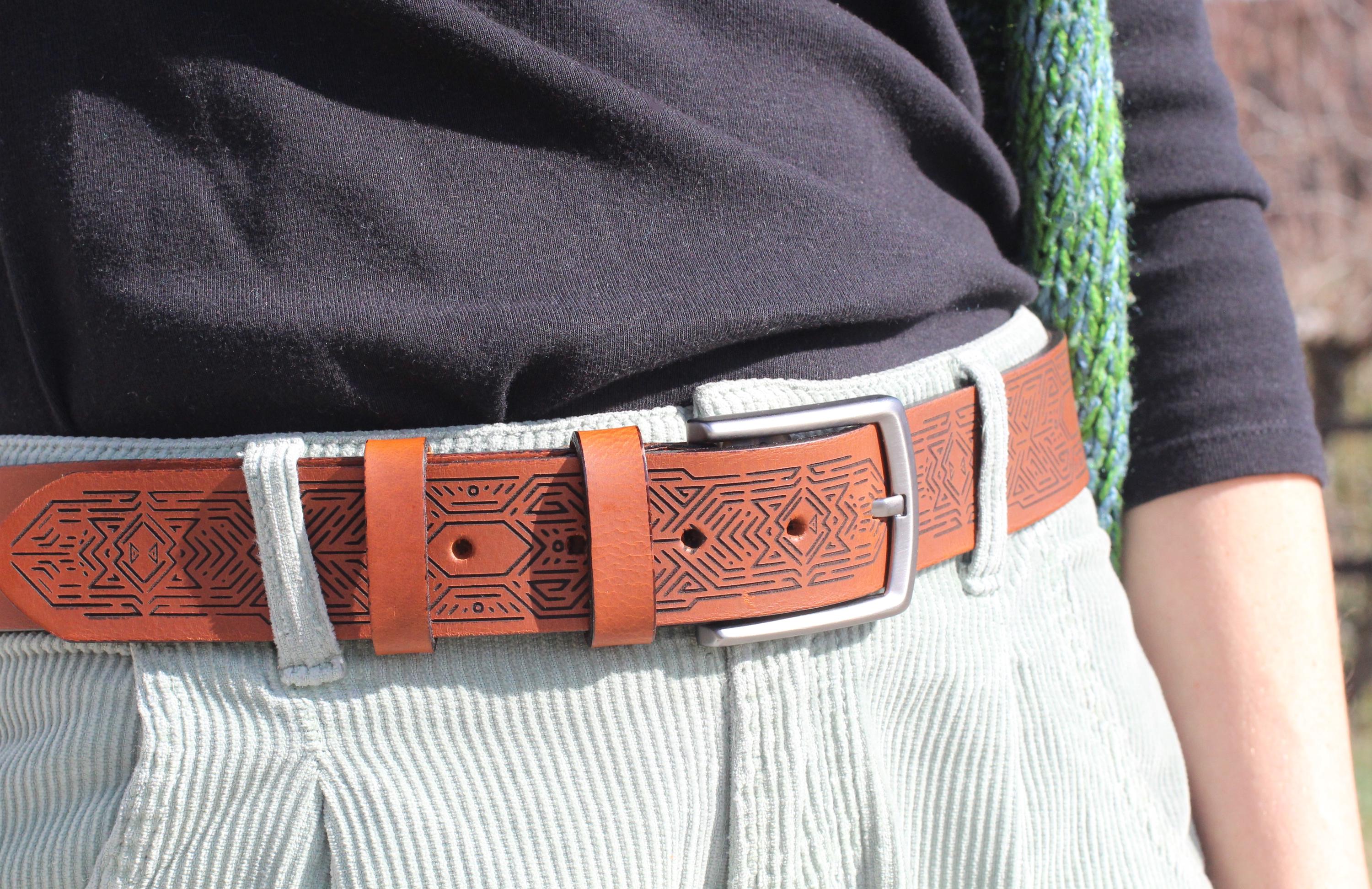 Art Deco Leather Belt: Laser Engraved Geometric Pattern - Etsy display picture 2