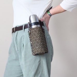 Olive Green Leather Bottle Holder With Flower of Life, Adjustable Crossbody Strap Flask Carrier Bag, Belt Bottle Sling