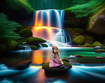 Fairytale Fairy digital backdrop with Breathtaking Waterfull.