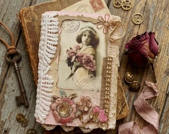 Diario basura de rosas rosas, diario shabby chic hecho a mano, cuaderno de viaje