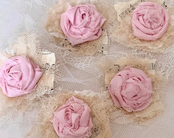 Conjunto de etiquetas vintage em tecido rosa com rosas, estilo shabby chic, para cadernos.