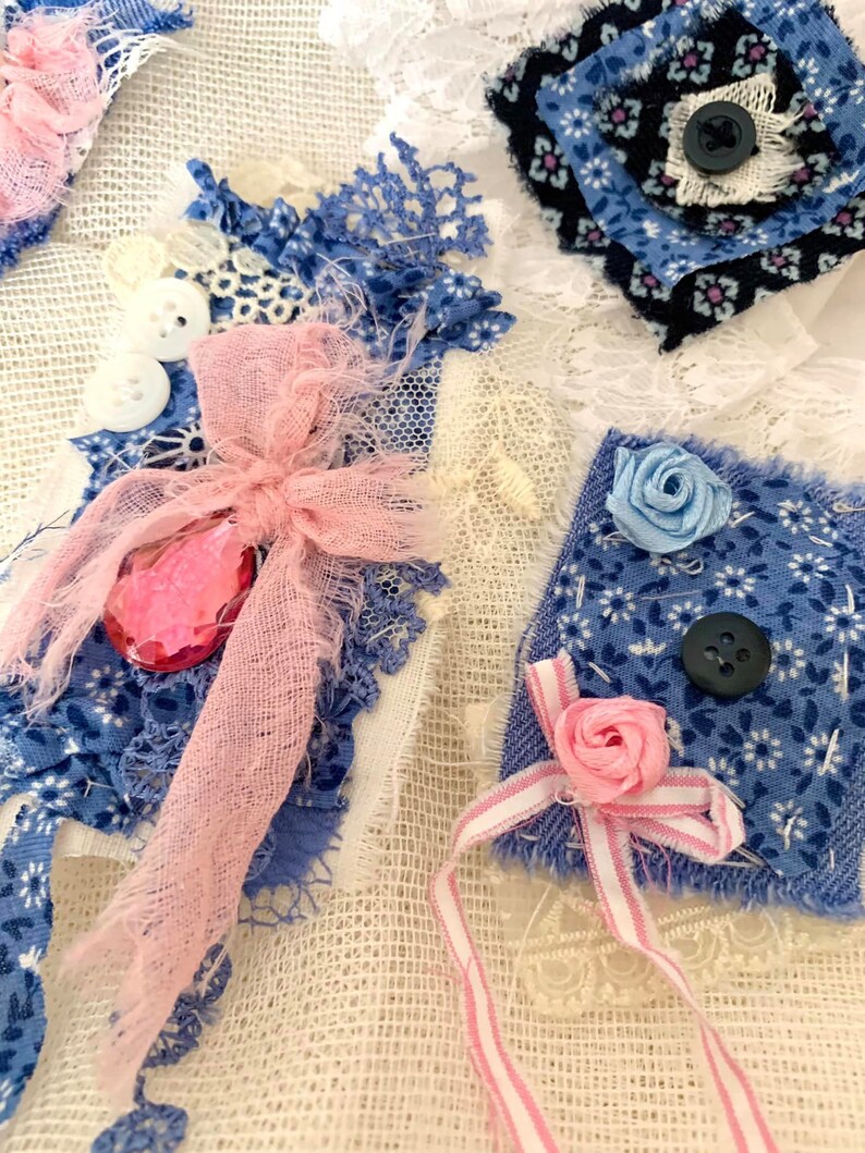 Indigo Blue and Pink Fabric Cluster Snippet Rolls Junk Journal Bundle ...