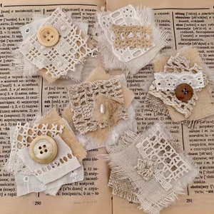 Vintage Fabric Snippet Clusters, Shabby Chic Embellishments (Set of 6)