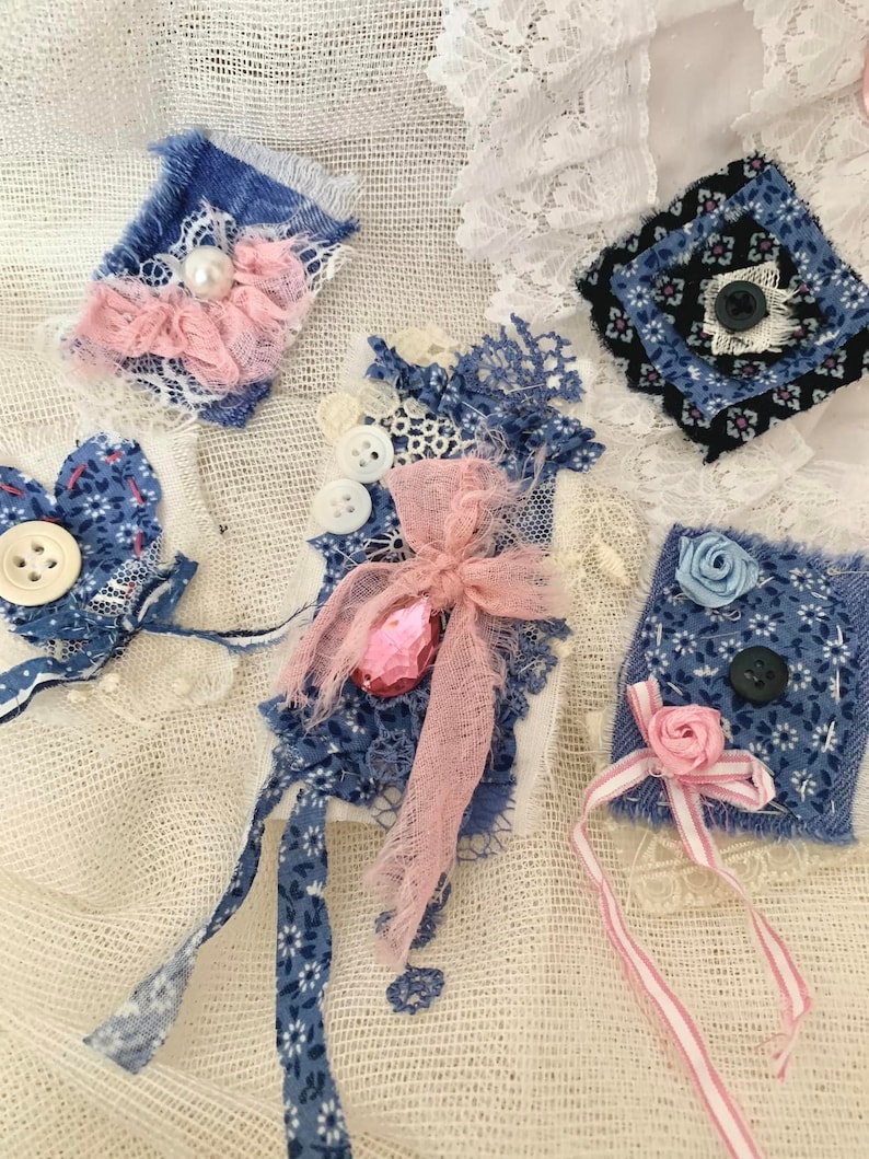 Indigo Blue and Pink Fabric Cluster Snippet Rolls Junk Journal Bundle ...