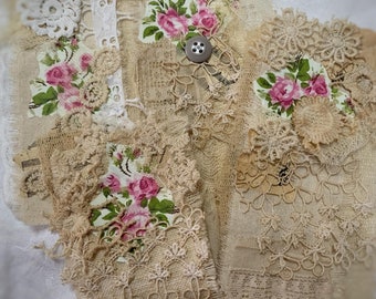 Antique lace snippet cluster Pink Roses Tags Journal clusters Shabby Chic Tags SET 4