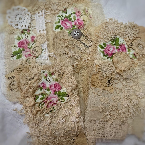 Grupo de fragmentos de encaje antiguo Pink Roses Tags Journal clusters Shabby Chic Tags SET 4