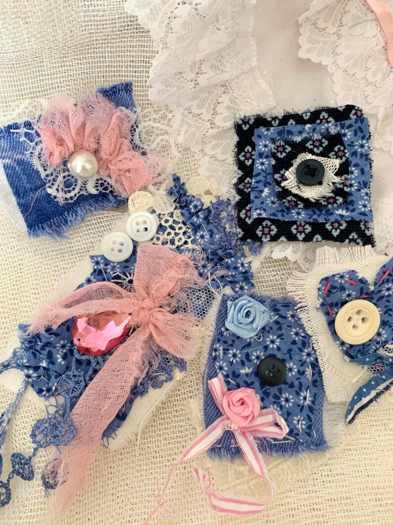 Indigo Blue and Pink Fabric Cluster Snippet Rolls Junk Journal Bundle ...