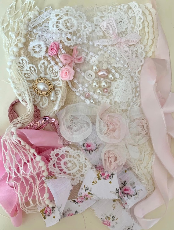 Embellishment pack Slow stitch kit Lace scraps Shabby chic journal