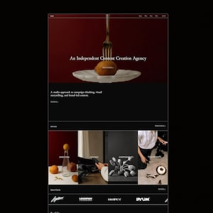 May include: A website interface for an independent content creation agency featuring a dark red header with a fork piercing a kiwi on a white plate. Below, a black section displays services including direction, content, campaigns, and production.