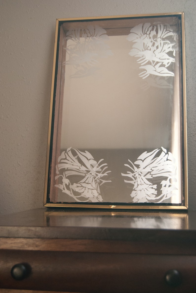 Vintage Etched Glass Wall Mirror Large Brass & Wood Flower Etsy