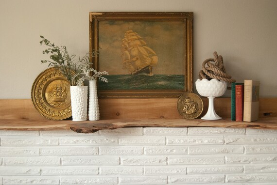 Gathered Vintage Nautical Mantel Decor Set, Coastal Living Room Decor,  Beach Nursery Art, Milk Glass, Ship Litho, Brass Wall Decor, Books -   Israel