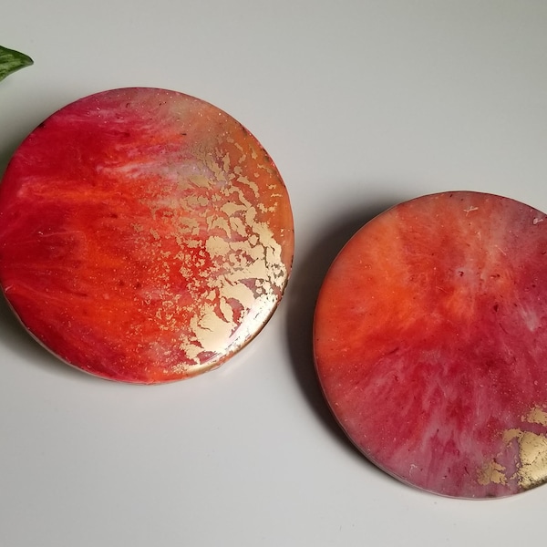 4" Set of Two Red and Gold Resin Ceramic Coasters