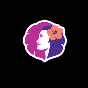 May include: A stylized illustration of a woman's face with a pink and purple flower in her hair. The woman's face is white, and the flower is orange.