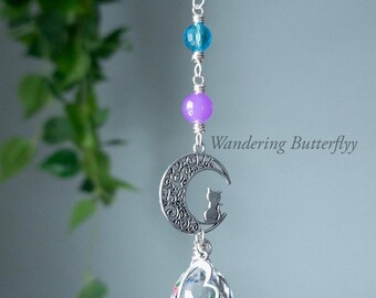 Cat Ornament, Moon Cat Suncatcher, Cat Memorial Gift, Car Accessory, Whimsical Decor, Aqua Suncatcher, Mirror Charm, Window Prism