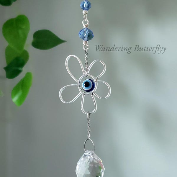Evil Eye Car Charm, Eye of Ra Suncatcher, Car Amulet, Travel Protection, Daisy Suncatcher, Blue Car Charm, Flower Suncatcher, Whimsy Decor