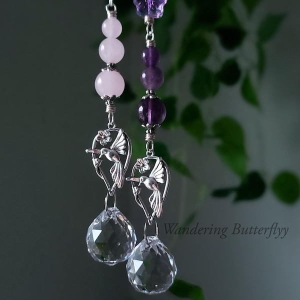 Hummingbird Car Charm, Amethyst Car Charm, Rose Quartz Decor, Gemstone Car Charm, Crystal Car Charm, Nature Suncatcher, New Car Gift