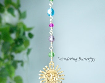 Gold Sun Car Charm, Crystal Car Charm, Colorful Car Charm, Whimsical Car Charm, New Car Gift, Simple Car Charm, Mirror Charm, Car Accessory