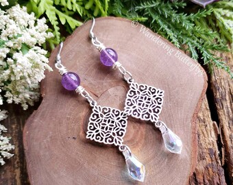 Crystal Earrings, Boho Earrings, Filigree Earrings, Dangle Earrings, Amethyst Earrings, Purple Earrings, Gift for Wife, Bestie Gift Idea