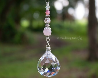Rose Quartz Decor, Pink Suncatcher, Crystal Car Charm, Girly Car Accessory, Car Mirror Charm, Window Suncatcher, Handmade Suncatcher