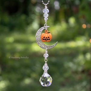 May include: A silver crescent moon charm with a small orange pumpkin hanging from it. The charm is attached to a crystal beaded chain with a large crystal teardrop at the bottom.