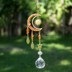 Carnelian Suncatcher, Moon Suncatcher, Celestial Suncatcher, Boho Suncatcher, Housewarming Gift, Gold Suncatcher, Crystal Suncatcher