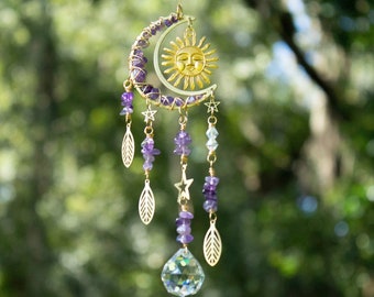 Amethyst Suncatcher, Moon Car Charm, Crystal Suncatcher, Boho Car Charm, Witchy Suncatcher, Gold Suncatcher, Purple Suncatcher, New Car Gift