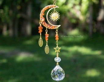 Carnelian Suncatcher, Moon Suncatcher, Celestial Suncatcher, Boho Suncatcher, Housewarming Gift, Gold Suncatcher, Crystal Suncatcher