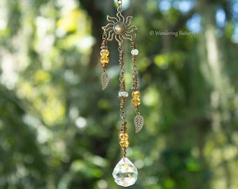 Whimsy Car Charm, Sun and Moon Decor, Celestial Suncatcher, Nature Decor, Leaf Sun Catcher, Handmade Sun Catcher, Whimsical Decor