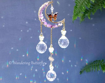 Butterfly Suncatcher, Moon Suncatcher, Amethyst Suncatcher, Monarch Suncatcher, Boho Window Decor, Crystal Suncatcher, Housewarming Gift