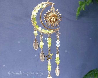 Peridot Suncatcher, Sun Suncatcher, Nature Suncatcher, Moon Car Charm, Green Sun Catcher, Gold Car Charm, New Car Gift, Crystal Car Charm