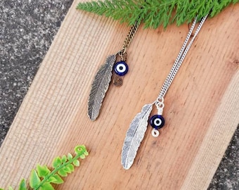 Evil Eye Necklace, Feather Pendant, Boho Jewelry, Protection Necklace, Boho Necklace, Long Boho Necklace, Layering Necklace, Gift for Her