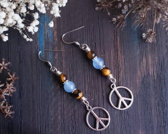 Peace Earrings, Hippie Earrings, Tiger's Eye Earrings, Boho Earrings, Blue Earrings, Gift for Her, Dangle Earrings, Gift for Mom