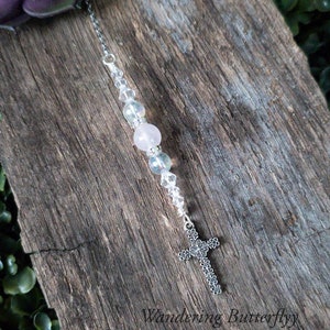 Cross Car Charm, Christian Car Charm, Rose Quartz Car Charm, Cross for Car, Car Rosary, Cross for Mirror, Cross Car Hanging, Catholic Decor