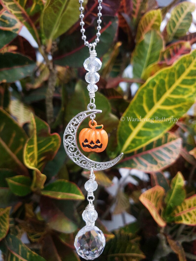 May include: A silver crescent moon charm with a small orange pumpkin hanging from it. The charm is attached to a silver chain with clear crystal beads. The charm is hanging from a green leafy plant.