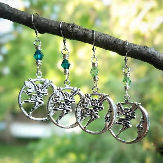 Fairy Earrings, Moon Earrings, Green Earrings, Folklore Earrings, Cottagecore Earrings, Boho Earrings, Celestial Earrings, Hippie Earrings