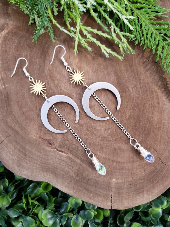 Boho Moon Earrings, Crystal Earrings, Mixed Metal Earrings, Witchy Moon Earrings, Boho Gift Idea, Gift for Her, Witchy Gift Idea