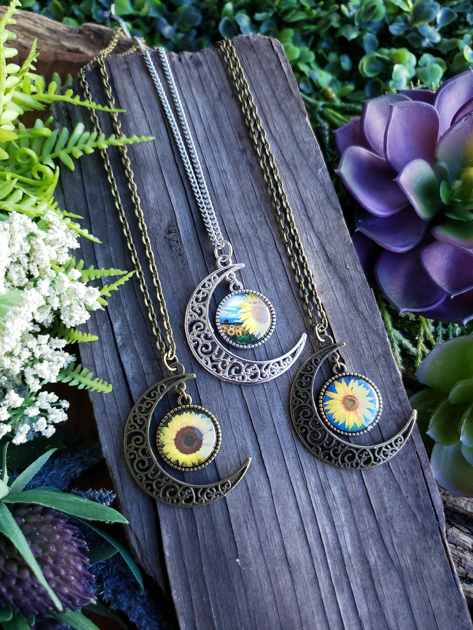 Sunflower Necklace, Flower Necklace, Moon Necklace, Nature