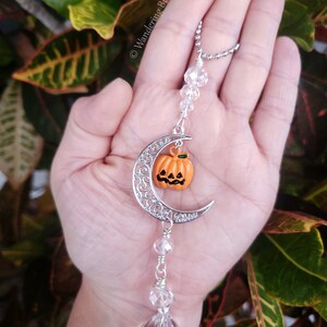 May include: A silver crescent moon charm with a small orange pumpkin with a jack-o'-lantern face hanging from it. The charm is attached to a crystal prism hanging from a silver chain.