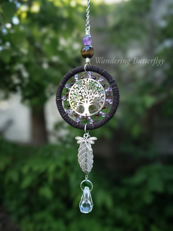 Tree of Life Decor, Small Dreamcatcher, Dragonfly Decor, Amethyst Car Charm, Boho Car Charm, Window Art, Nature Lover Gift, Mirror Charm