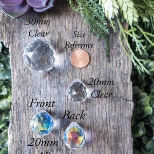 May include: Clear and iridescent crystal prisms in 20mm and 30mm sizes. The image shows the front and back of the prisms, with the text "Front", "Back", "20mm AB", "20mm Clear", "30mm Clear", and "Size Reference".