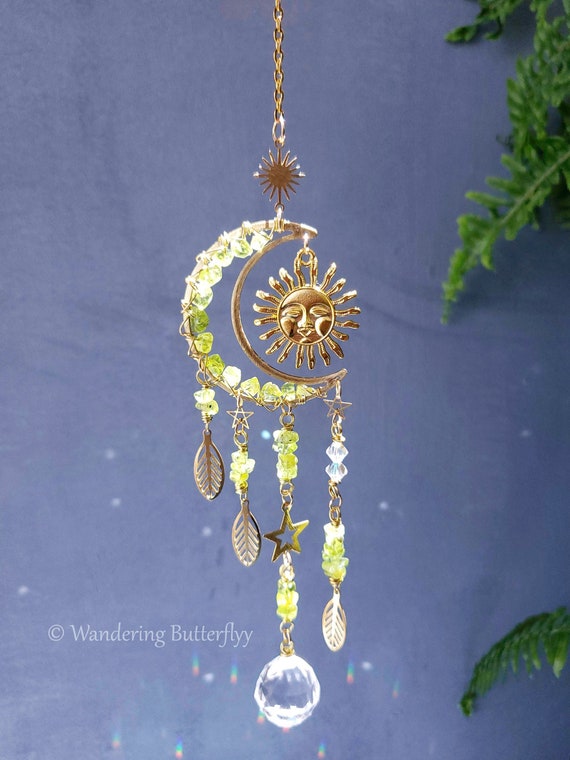 Peridot Suncatcher, Sun Suncatcher, Nature Suncatcher, Moon Car Charm, Green Sun Catcher, Gold Car Charm, New Car Gift, Crystal Car Charm