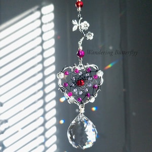 Heart Suncatcher, Pink Suncatcher, Love Gifts, Rose Suncatcher, Valentines Gift, Meaningful Gift, New Car Gift, Romantic Art, Window Crystal