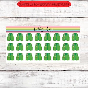 Puede incluir: Hoja de pegatinas con chalecos verdes con insignias. Las pegatinas tienen un fondo blanco y una franja de arco&iacute;ris en la parte superior con el texto "Libby + Lou STICKER CO." Los contornos no aparecer&aacute;n en el producto final.